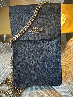 Coach Black Leather Crossbody Phone Pouch with Gold Chain
